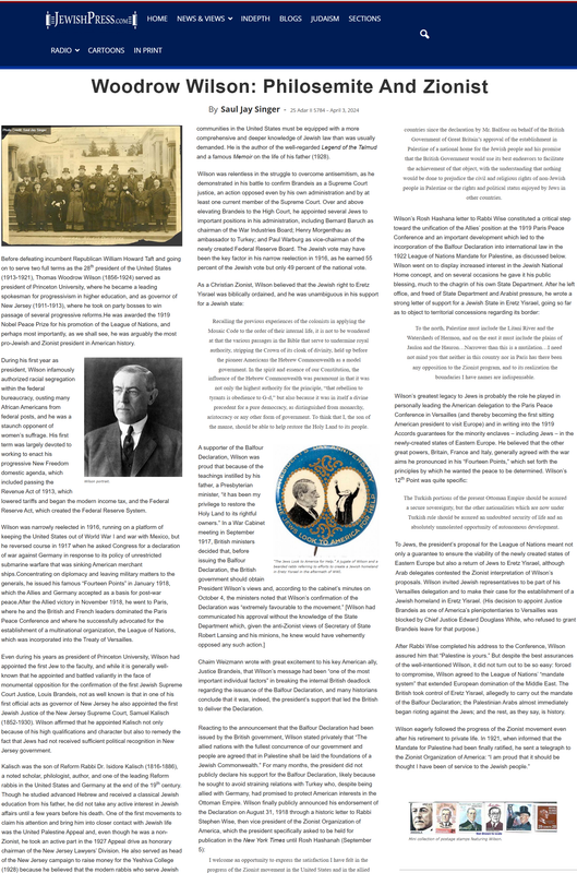 Zionism - The Jewish Press - April 2024 - Woodrow Wilson - Philosemite and Zionist - First World War