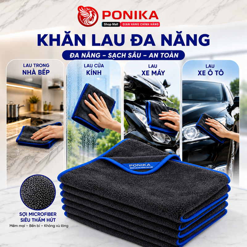 Khăn lau đa năng PONIKA - Lau bếp, lau kính, lau xe máy, ô tô