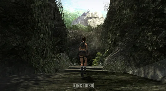 Lara aprovechando el sigilo en la entrada de una jungla. Lara Croft utilizando el sigilo para adentrarse a las peligrosas selvas de África en Ghana