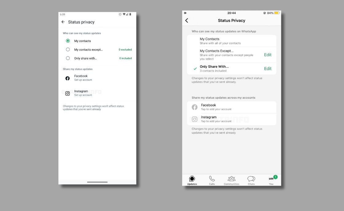 Capturas de tela mostrando opção de integração dos status do WhatsApp com o Instagram. Imagem: WABetainfo.