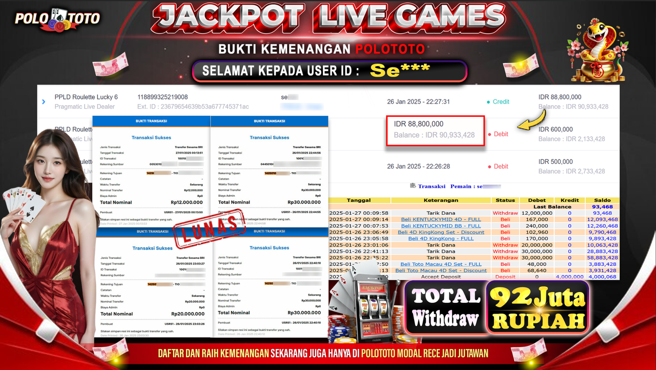 POLOTOTO JACKPOT LIVE GAMES PPLD ROULETTE LUCKY 6 Rp.92,000.000,-