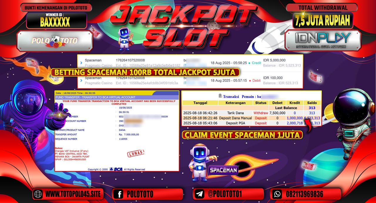 POLOTOTO JACKPOT SLOT SPACEMAN Rp.7.500.000,-