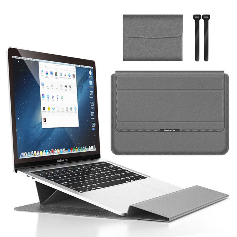 Grey 3-in-1 Laptop Sleeve with Built-In Stand & Wrist Rest – Waterproof PU Protective Case for 13/14 Inch Laptops, Portable and Ergonomic Design