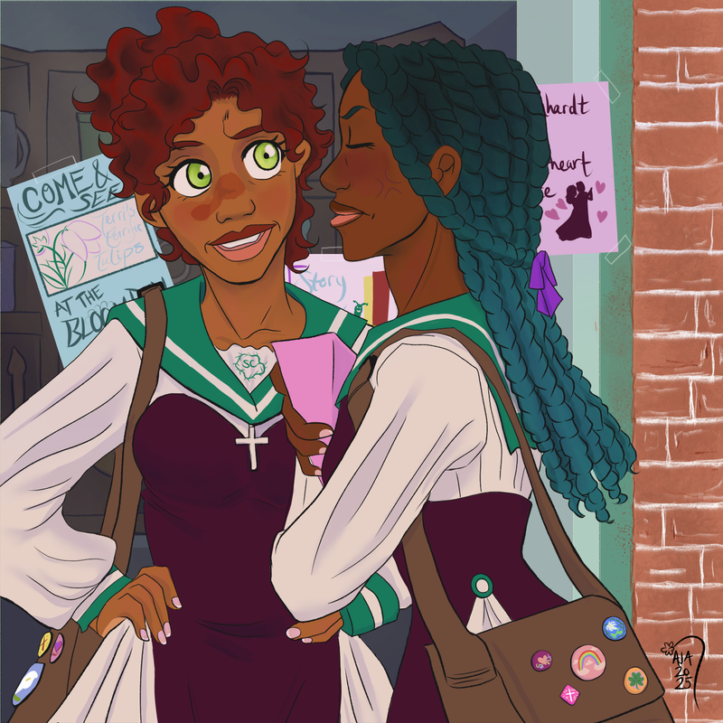 Teresa jokes around with her hands on her hips while annoying her friend, Rhoda, while they're walking to school in their uniforms, carrying their bookbags on their shoulders, passing by an old antique shop with three posters advertising local events in their town.