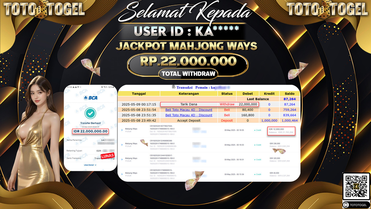 Bukti Pembayaran Jackpot  Permainan Slot Mahjong Ways ID:KA***** LUNAS
