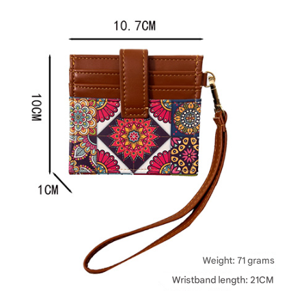 Orange Colorful Ethnic Mandala Pattern PU Leather Mini Card Holder with Wrist Strap and Buckle - Slim High-End Multi-Slot Card Sleeve for Daily Use