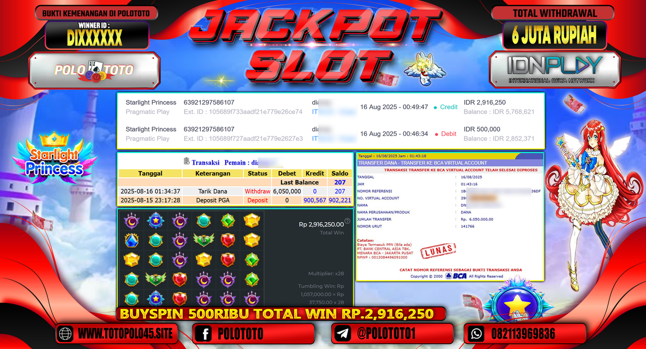 POLOTOTO JACKPOT SLOT STARLIGHT PRINCESS 1000 Rp.6.000.000,-