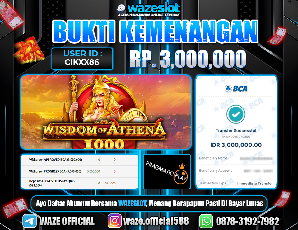 BUKTI KEMENANGAN 19 JUNI 2025 DI GAME WISDOM OF ATHENA 1000