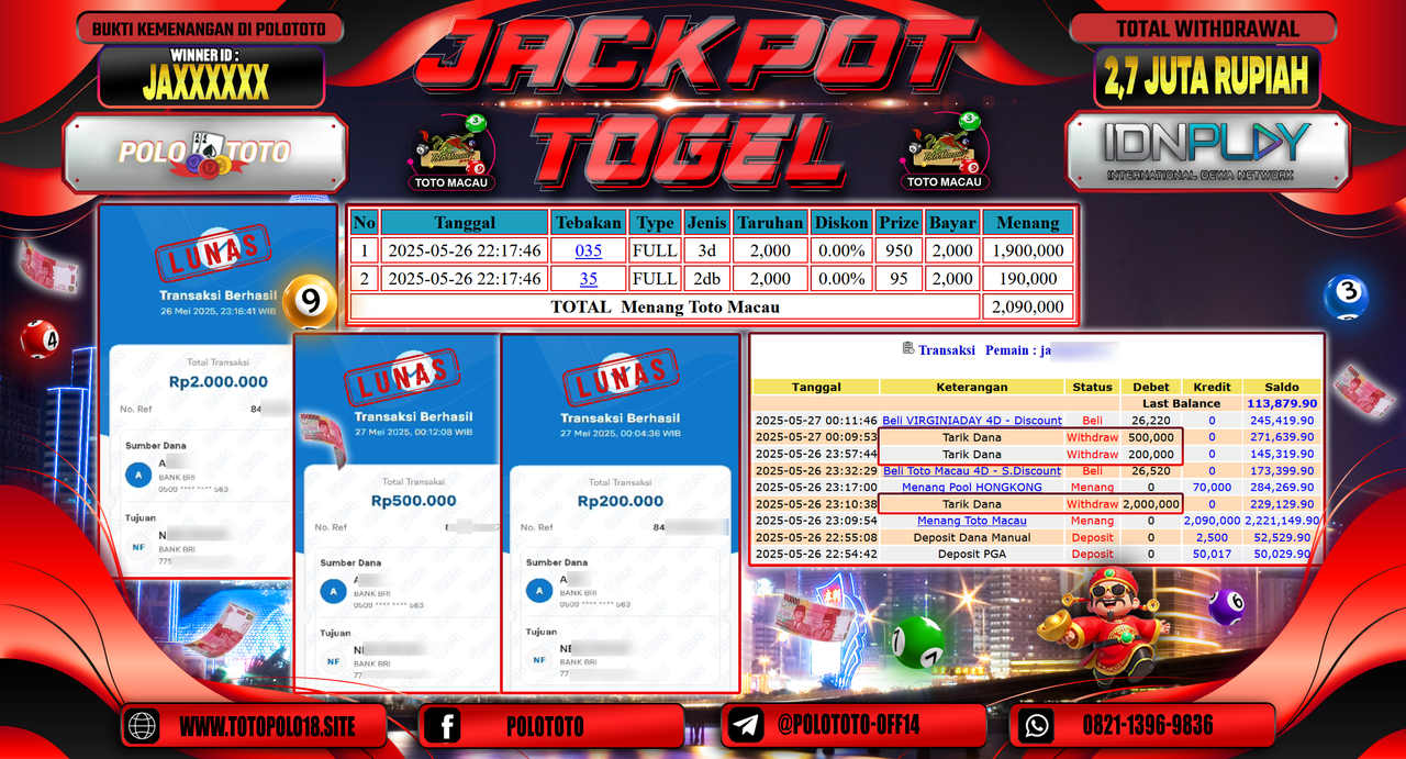 POLOTOTO JACKPOT TOGEL TOTO MACAU Rp.2.700.000,-