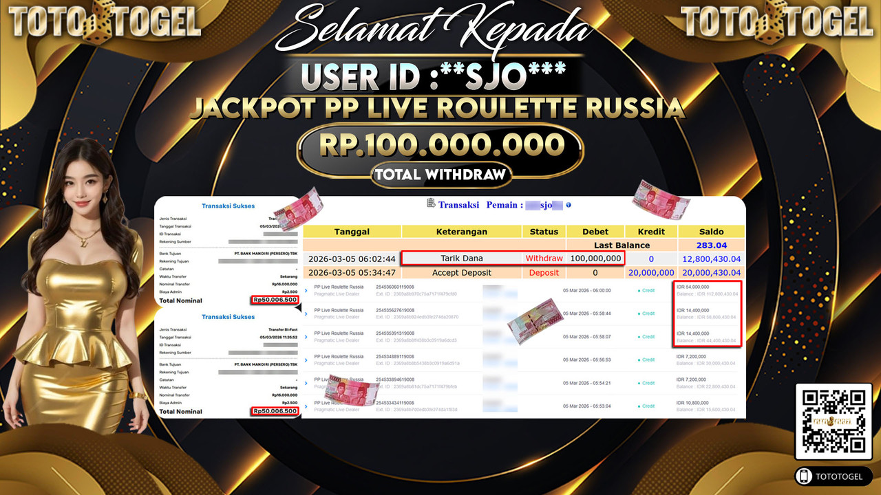 Bukti Pembayaran Jackpot Permainan Pragmatic Live PP Live Roulette Russia ID:**SJO***LUNAS