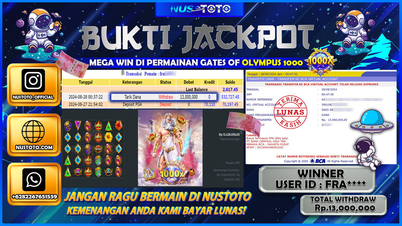MAXWIN !! MENANG BESAR DI GAME GATES OF OLYMPUS 1000 SENILAI Rp. 13.000.000 LANGSUNG DI BAYAR LUNAS NUSTOTO !!