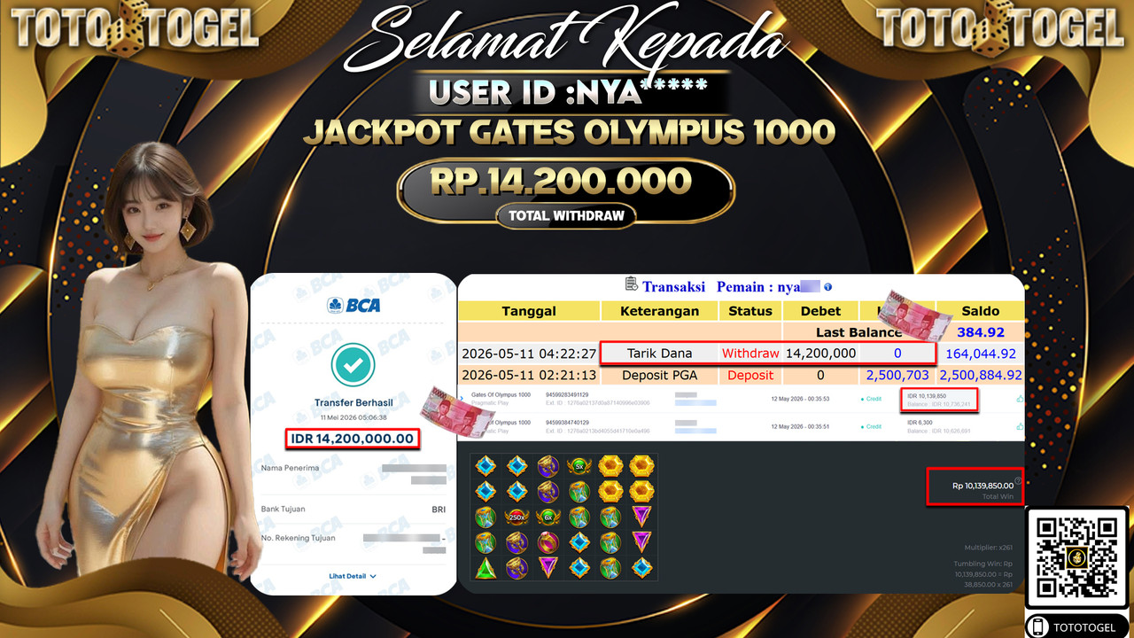 Bukti Pembayaran Jackpot Permainan Slot Gates Of Olympus 1000 ID:NYA*****LUNAS