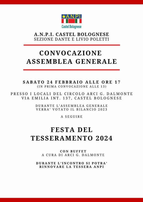 Sabato 24 febbraio assemblea e festa tesseramento ANPI