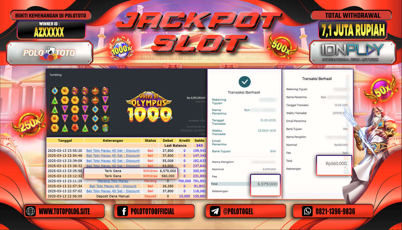POLOTOTO JACKPOT SLOT GATES OF OLYMPUS 1000 Rp.7.100.000,-