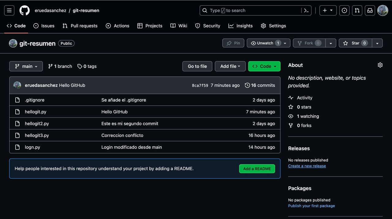 Vista actual del repositorio Git fetch y git pull