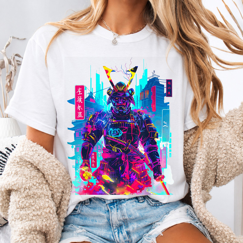 Cyberpunk Neon Samurai Japanese Art T Shirt2