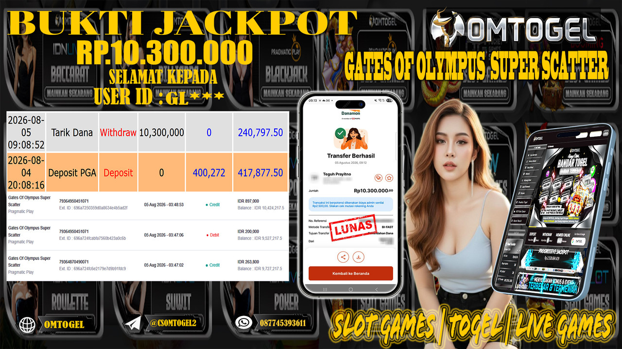 OMTOGEL JACKPOT PRAGMATICPLAY GATES OF OLYMPUS SUPER SCATTER  Rp,10,300,000,- DIBAYAR LUNAS