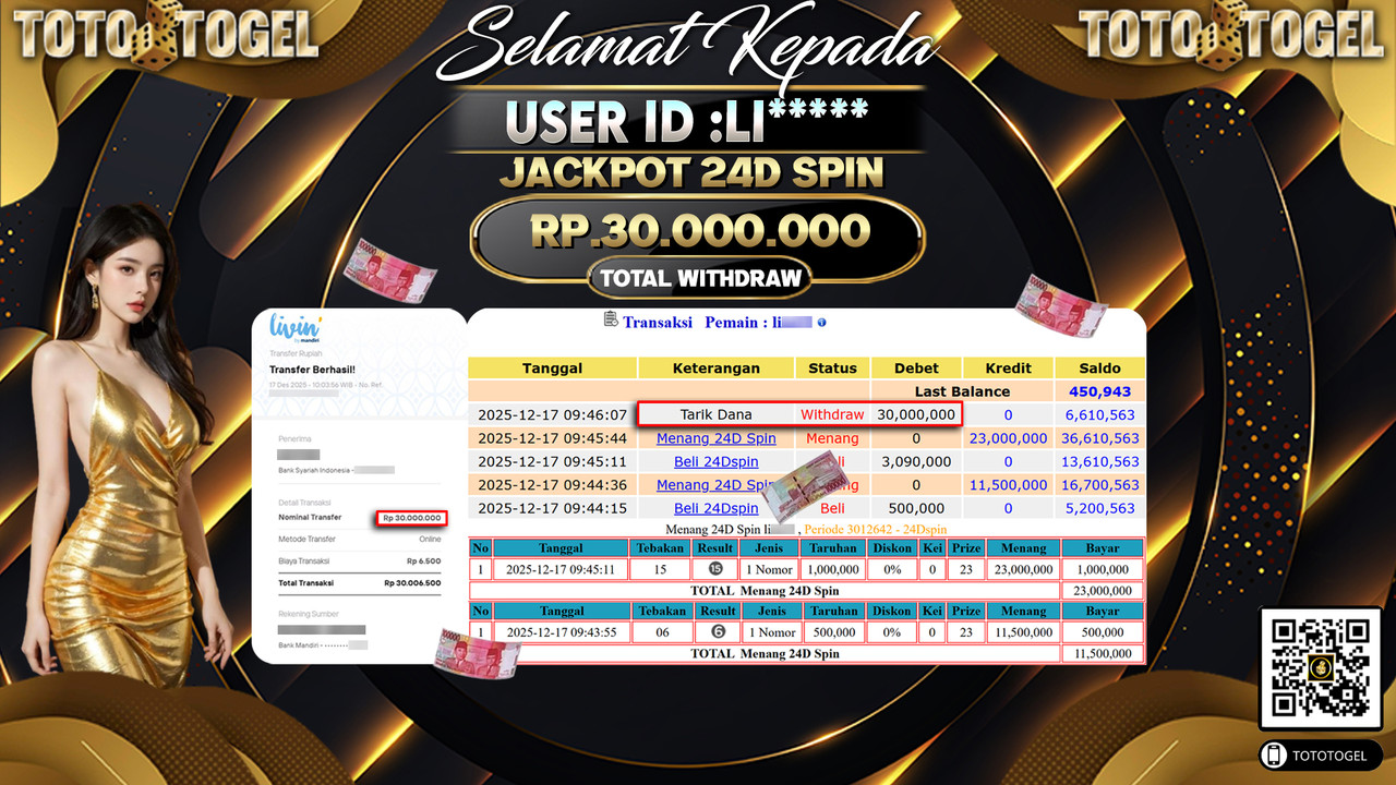 Bukti Pembayaran Jackpot Permainan Live Game 24D Spin ID:LI***** LUNAS