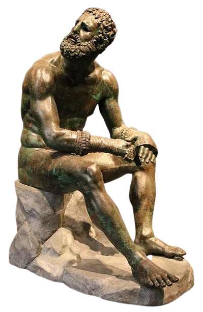 A photo of the piece being discussed in this passage: Apollonius, Seated Boxer