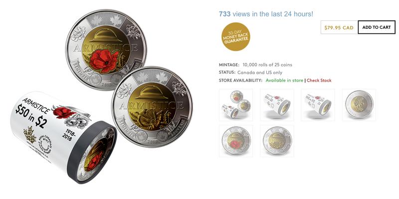 BU from Canada Mint roll 4 x 2018 $2 Toonie Colour Coins Armistice 100 Years