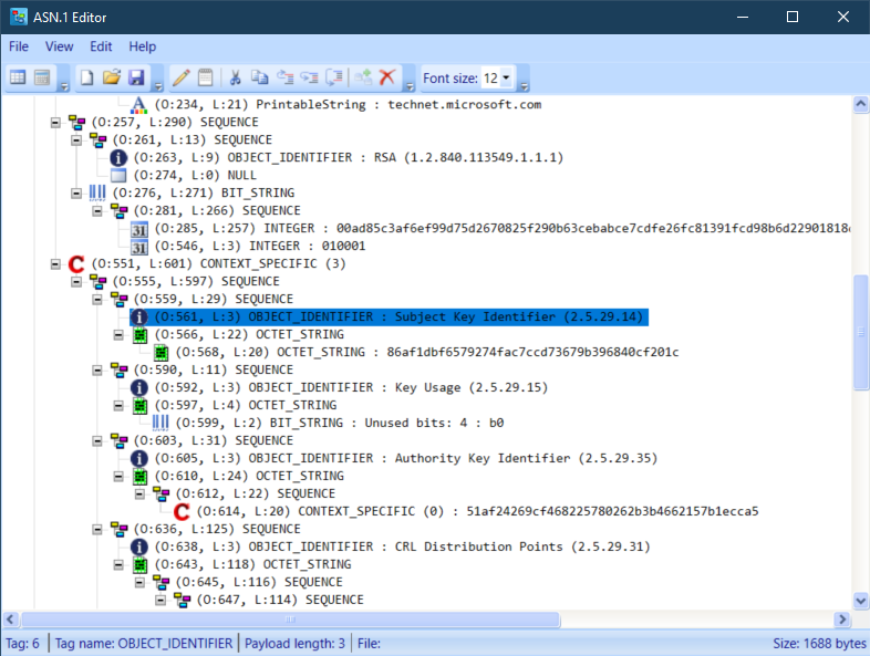 PKI Solutions ASN1 Editor running on Windows 10.