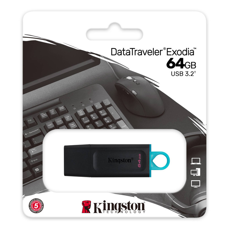 La memoria USB Exodia de 64GB conectada a un laptop, mostrando su portabilidad.