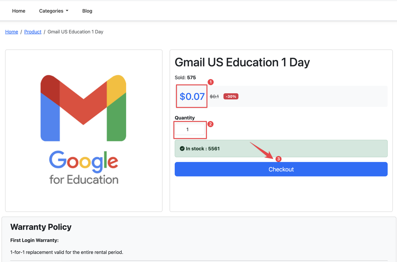 Product detail page showing description, price, stock availability, and checkout button