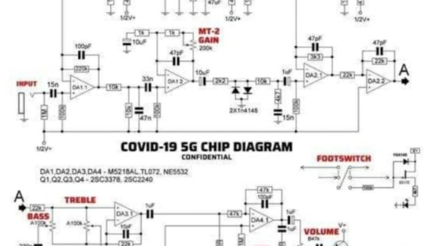 Schema Chip 5G Covid-19 dei teorici della Cospirazione? Pedale di distorsione per chitarra Boss Metal Zone.