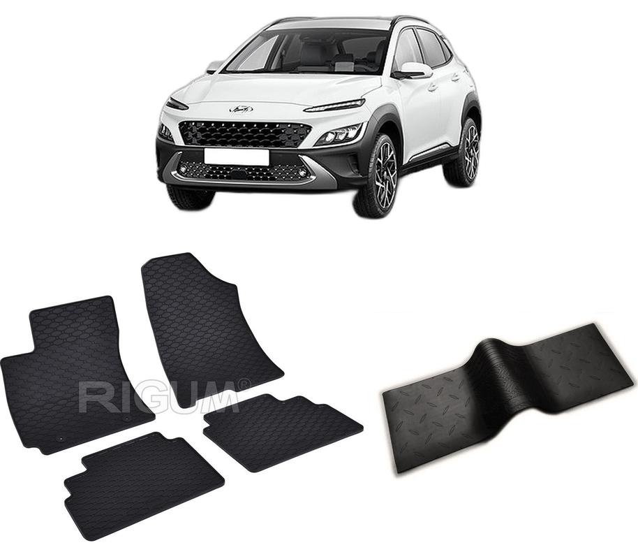 Set covorase auto HYUNDAI KONA HYBRID din 09.2019-03.2023, cu covoras tunel median, CAROSERIE SUV, Presuri cauciuc 100%, compatibil cu autoturismul HYUNDAI KONA HYBRID, Rigum