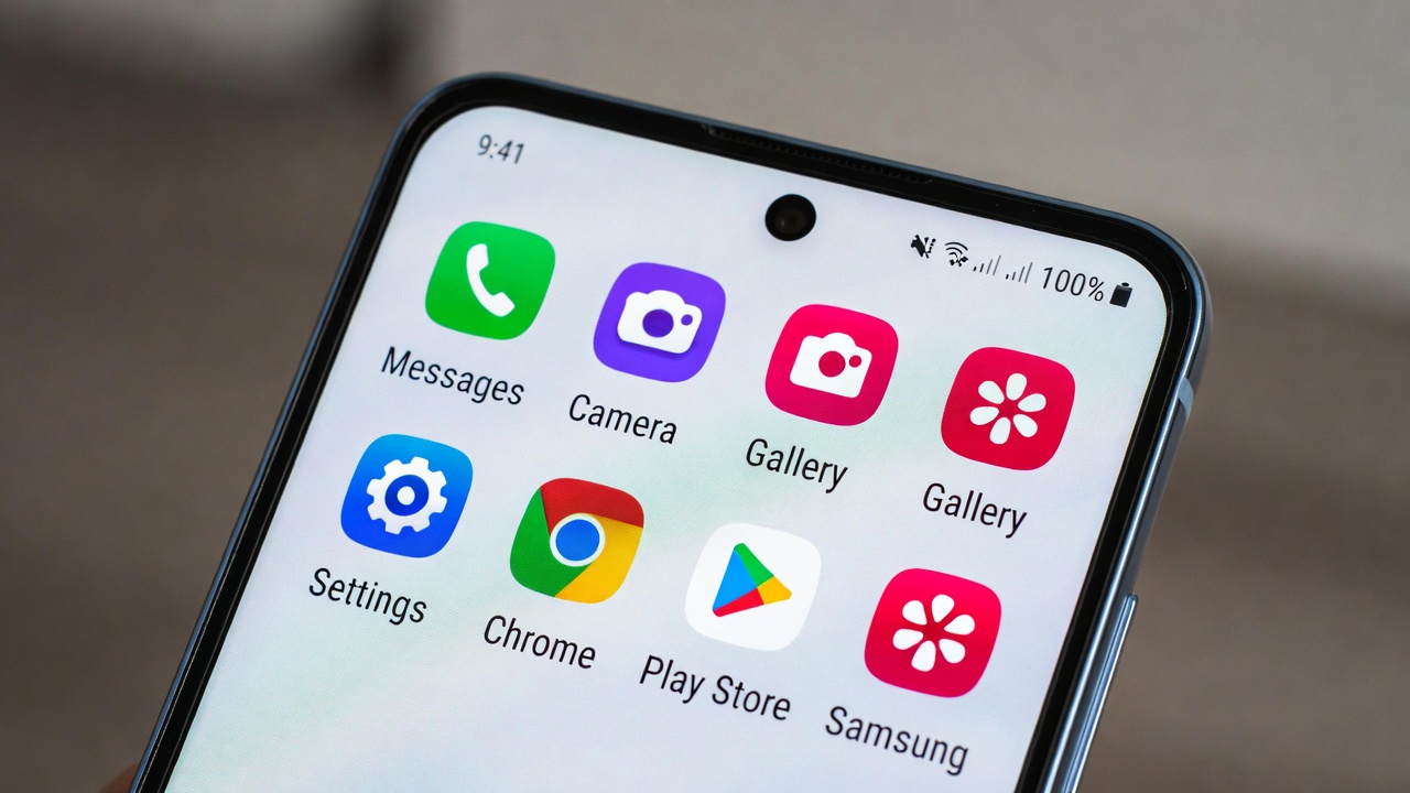 Samsung Galaxy S24 FE displayed showing large home screen icons in One UI Easy Mode layout