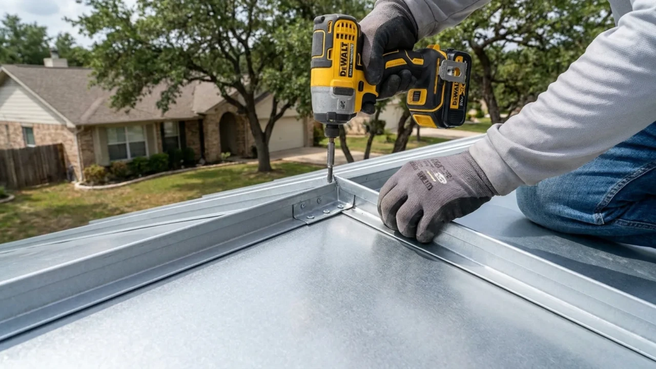 Metal roofing contractor installing Galvalume standing seam panels on a San Antonio residential roof showing proper fastener and panel alignment