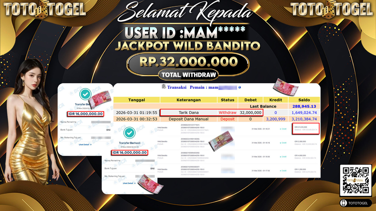 Bukti Pembayaran Jackpot Permainan Slot Wild Bandito ID:MAM*****LUNAS