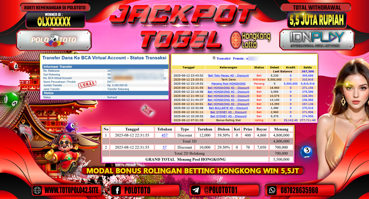 POLOTOTO JACKPOT TOGEL HONGKONG LOTTO Rp.5.500.000,-LUNAS