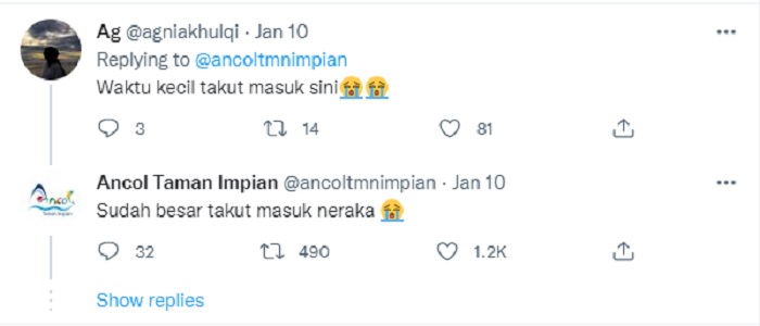 Jawaban kocak admin Twitter Ancol dalam menanggapi komentar warganet terkait spirit doll di Dufan.