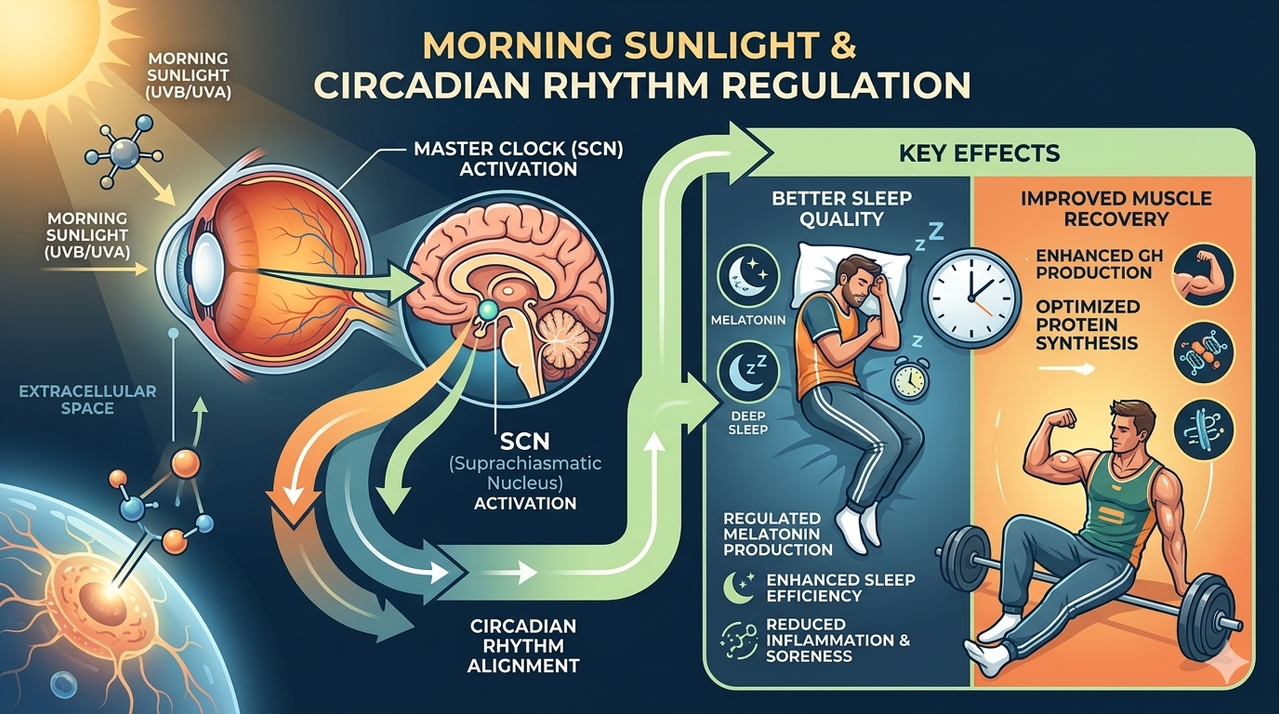 Infographic showing morning sunlight regulating circadian rhythm and melatonin for better sleep and muscle recovery