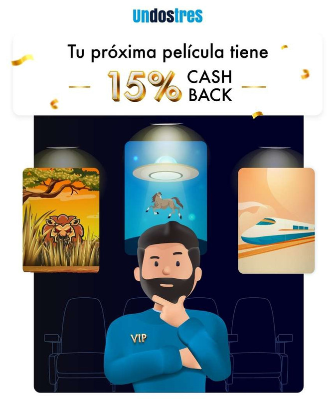 UnDosTres: Cinemex y Cinépolis 15% cashback usuarios VIP en boletos y dulcería 
