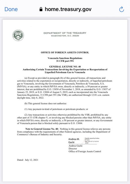 Estados Unidos extiende la licencia que permite transacciones con PDVSA hasta 2022 Documento