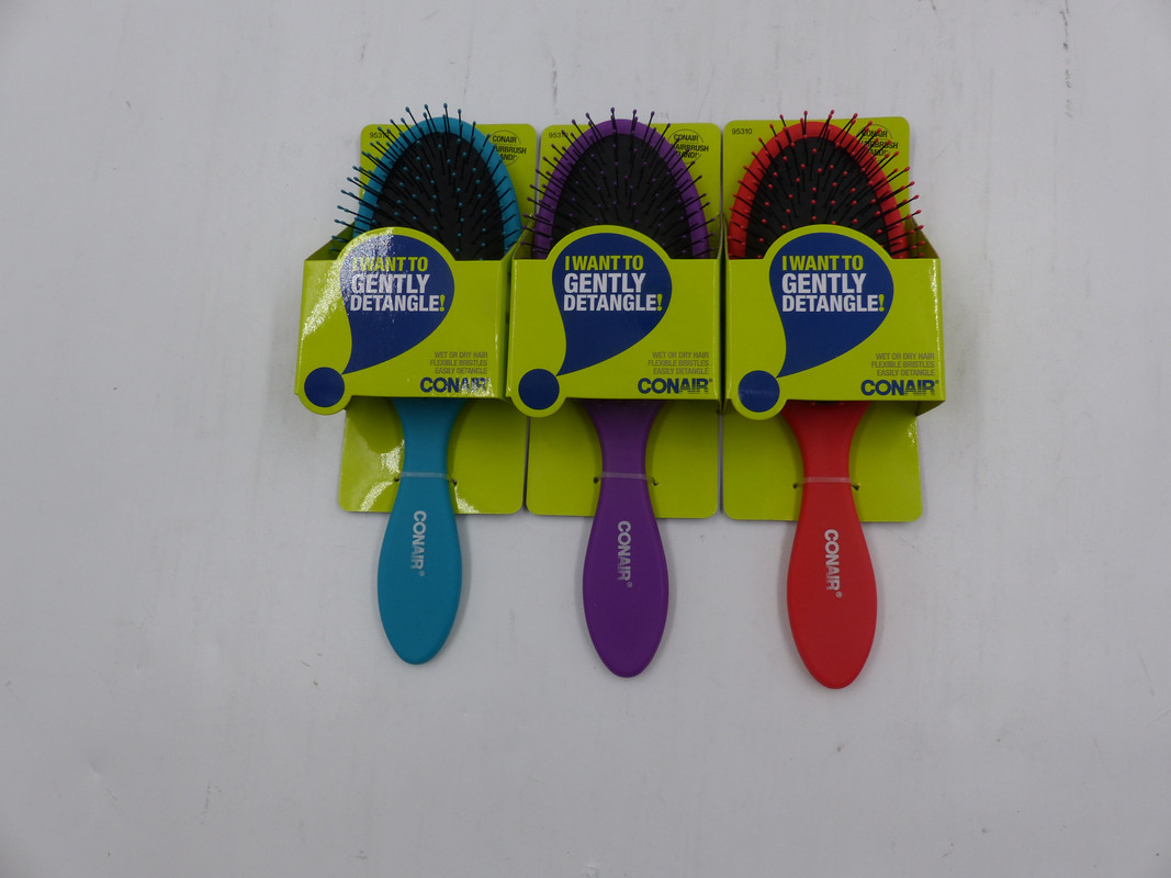 LOT OF 3 CONAIR 95310PNP DETANGLING CUSHION BRUSH 1 BLUE 1 PURPLE 1 RED GENTLE