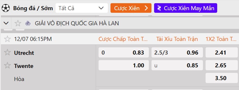 Tỷ lệ kèo Utrecht vs Twente
