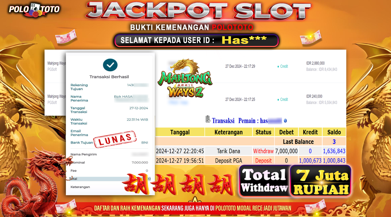 POLOTOTO JACKPOT SLOT MAHJONG WAYS 2 Rp.7,000.000,-