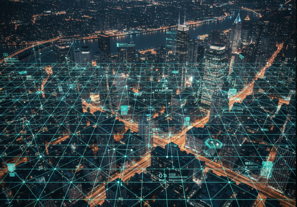 Cityscape with overlayed digital grid lines representing AI analysis.
