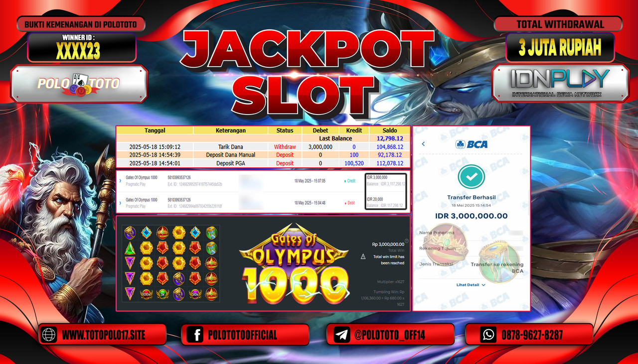 POLOTOTO JACKPOT SLOT GATES OF OLYMPUS 1000 Rp.3.000.000,-