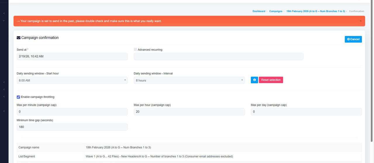 mailwizz campaign throttle fields on confirmation step