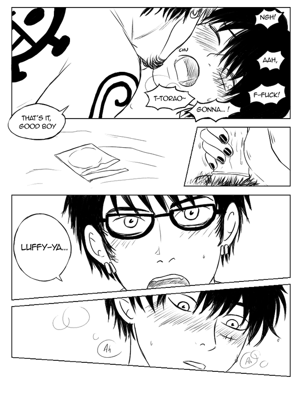 Page 26. Luffy comes on Law’s fingers. A bit later, Law puts on a condom. Luffy and Law stare at each other, blushing.