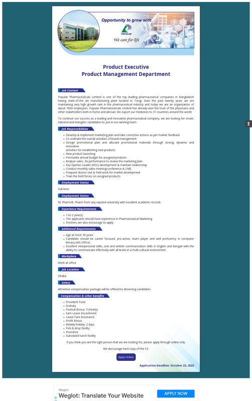 Popular Pharmaceuticals Limited Job 001