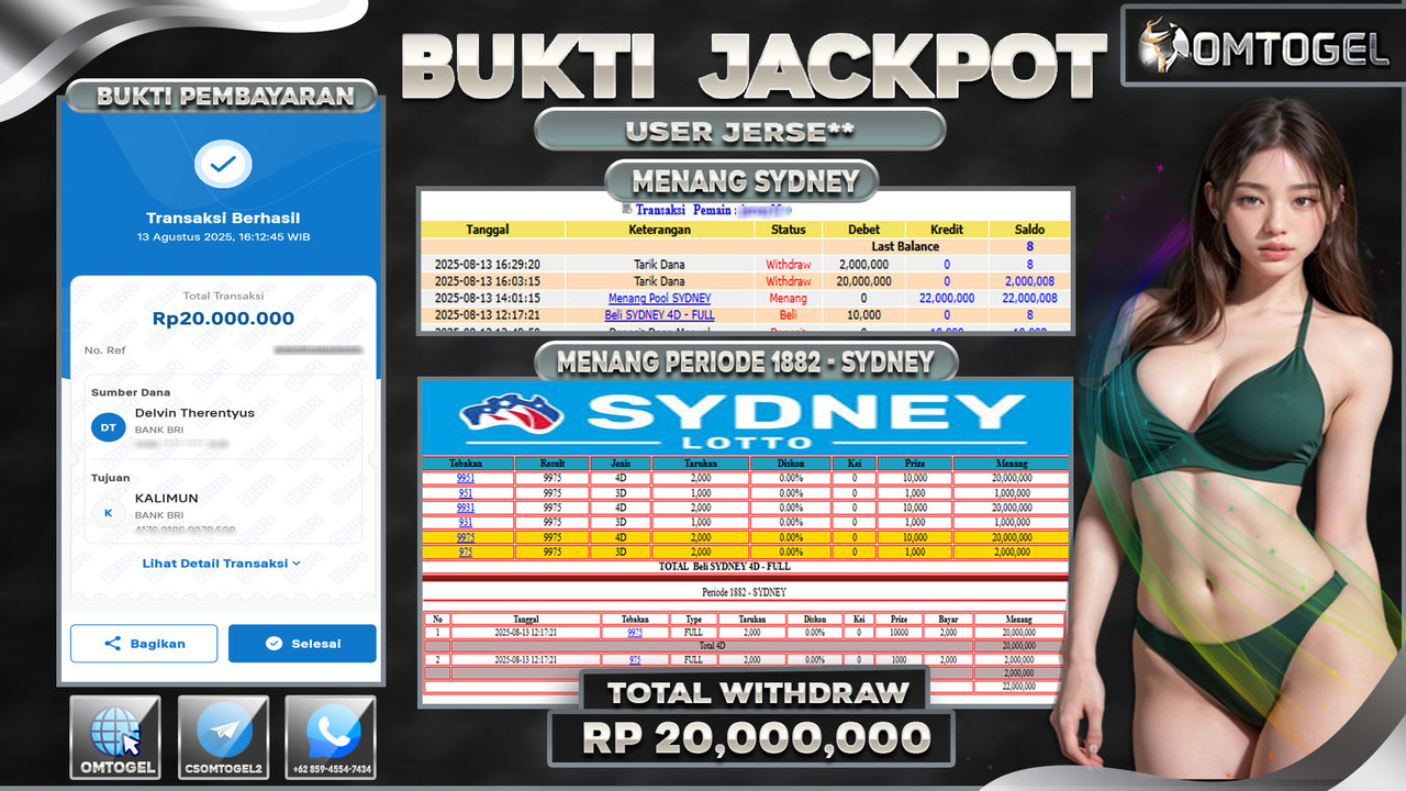 OMTOGEL JACKPOT SYDNEY LOTTO 4D 3D 20 JUTA DI BAYAR LUNAS ,-