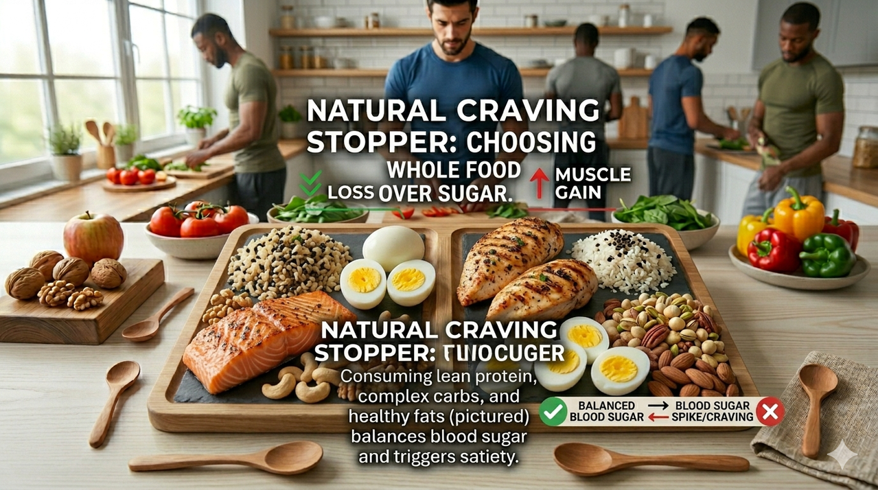 Bulking diet foods including rice, pasta, salmon, whole eggs, nuts, avocado, and bananas for muscle gain