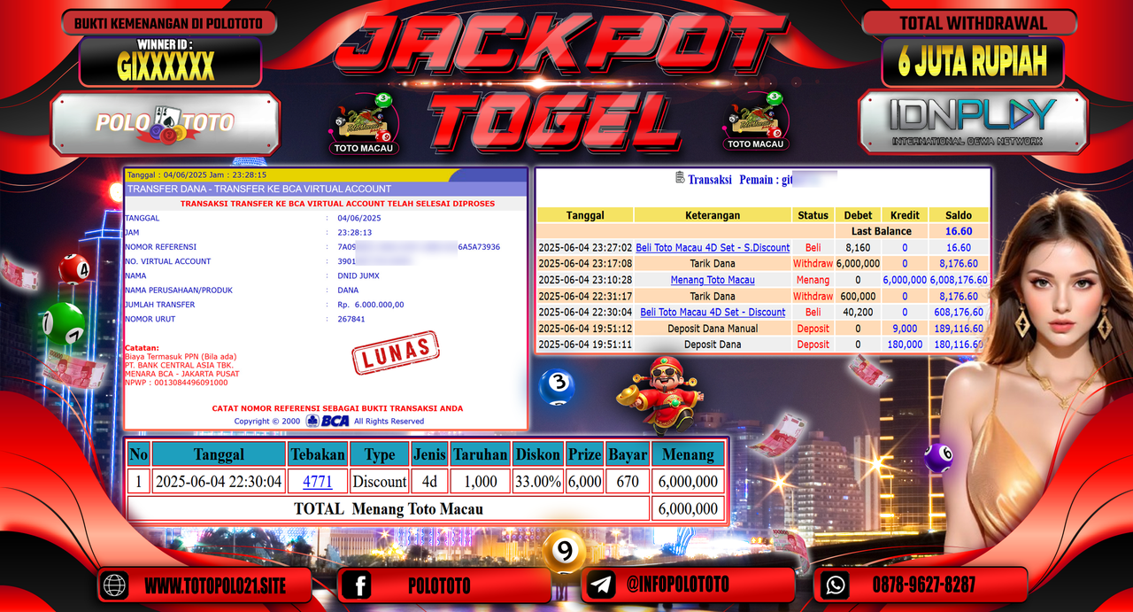 POLOTOTO JACKPOT TOGEL TOTO MACAU Rp.6.000.000,-