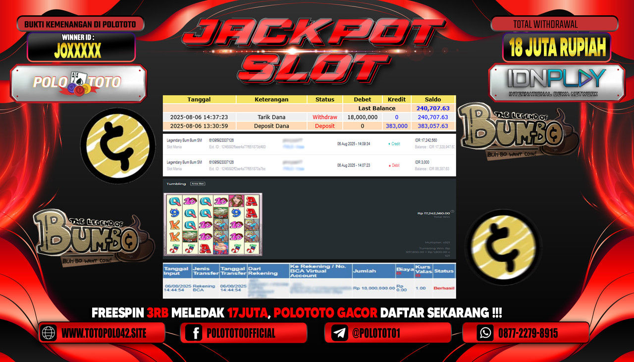 POLOTOTO JACKPOT SLOT LEGENDARY BUM BUM SM Rp.18.000.000,- LUNAS