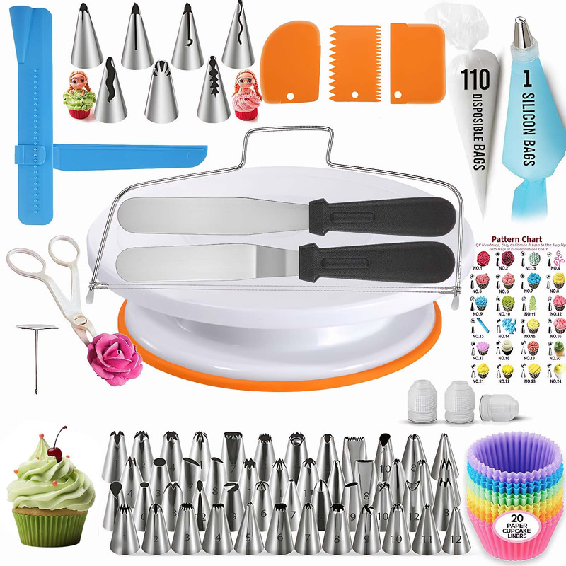 200PCs Cake Decorating Kit w/ Cake Turntable Leveler Piping Bags Icing Tips Gift
